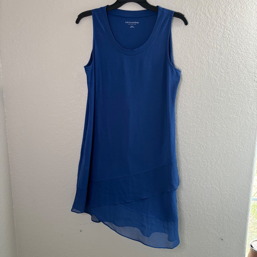 Soft Surroundings Blue Asymmetrical Silk Trim Tiered Dress Petite L 38894